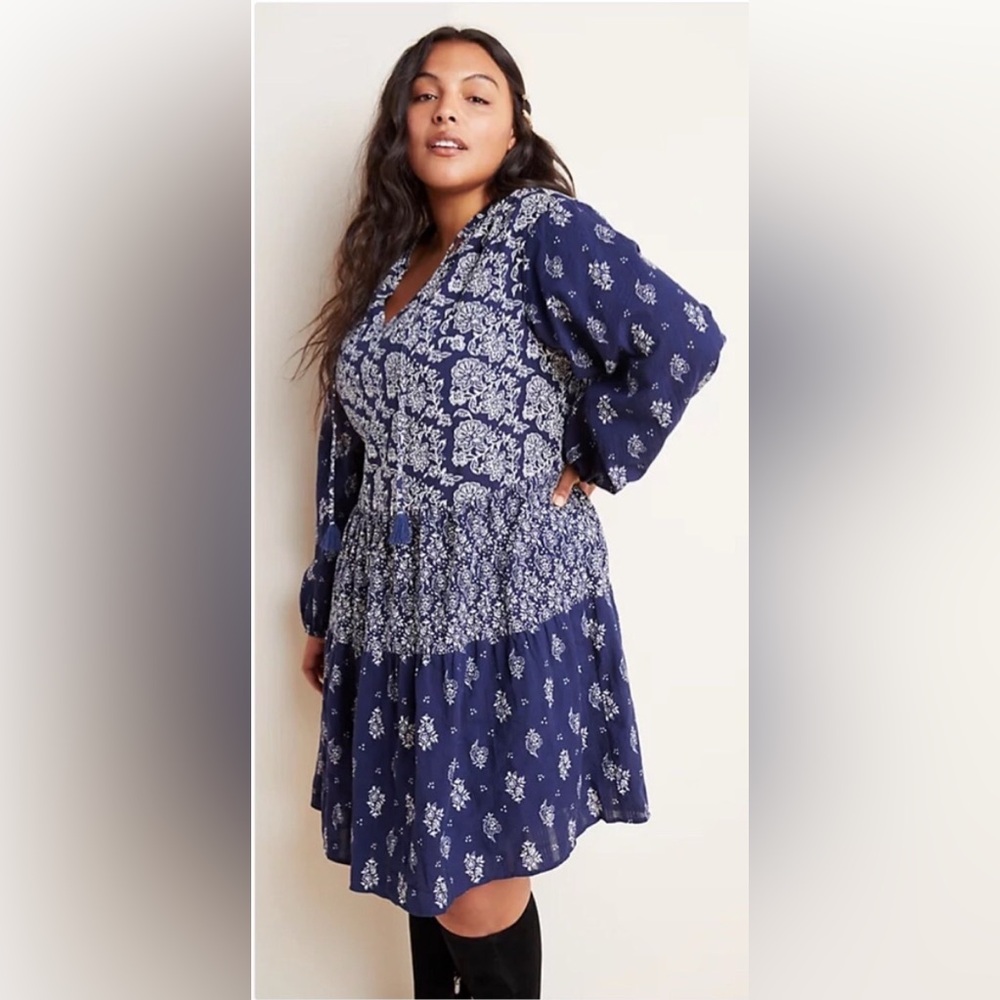 Anthropologie Navy Blue Floral Mini Dress - Picture 3 of 11